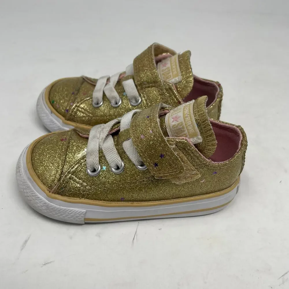 Converse Gold Sparkle Girl's Laces / Velcro Sneaker Tennis shoe 5